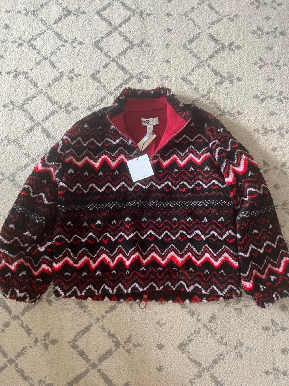 Beach Riot for Anthropologie Red & Black Zigzag Fuzzy Quarter-Zip Pullover